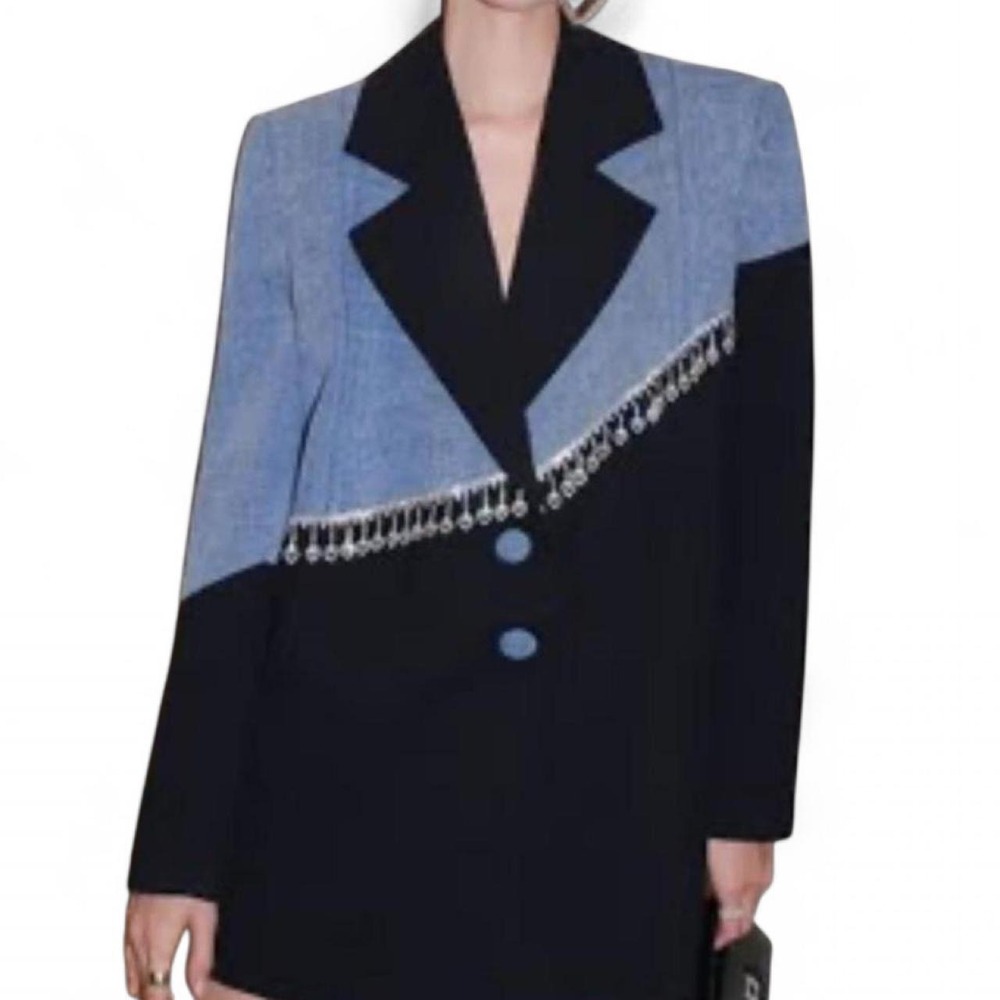 UOOZEE Women's Denim Blazer Patchwork Asymmetric Rhinestones